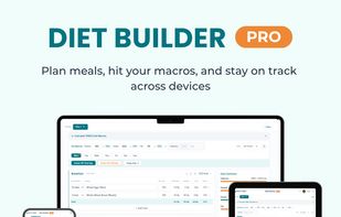 Diet Builder Pro displayed across desktop, tablet, and mobile devices, showing a populated weekly meal plan, macro tracking, and calorie totals for natural lifters.