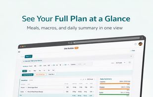 NatFit Diet Builder Pro browser view showing a full daily meal plan, macros, and calorie summary at a glance.