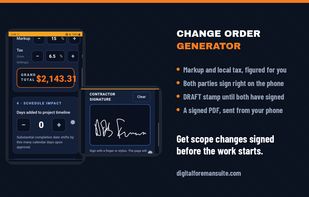Change Order Generator — markup, local tax, and both signatures, right on the phone