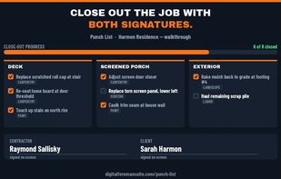 Punch List — close the job out by room and trade, with both signatures