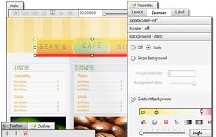 Scene editor with live data widgets (weather, RSS, social, Google Sheets) and scheduling
