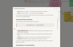 A Dim0 rich-text note explaining attention mechanisms, 
showing the scaled dot-product attention formula with 
math notation, numbered computation steps, and sections 
on Self-Attention vs Cross-Attention. ML mindmap visible 
in the background.