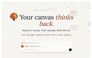 Dim0's landing page hero section showing the tagline 
"Your canvas thinks back." with the subtitle "Research 
visually. Think spatially. Build with AI." and the 
handwritten line "Your thoughts deserve more than a chat 
window." Below is the AI agent input bar with an example 
prompt "Why do we dream, i..." powered by Claude Sonnet 4.5.