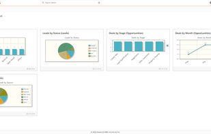 Dinamic5 CRM dashboard — leads by source, lead status, and deals by stage and month