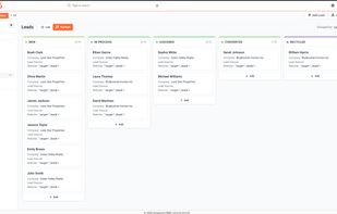 Dinamic5 lead pipeline in Kanban view — track leads from New to In Process, Assigned and Converted