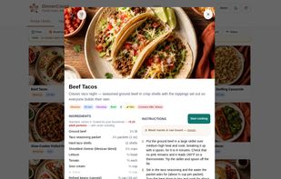 A recipe sized to the household: Beef Tacos for about 5.1 adult portions, so every amount follows (11 shells, 1¼ lb ground beef).