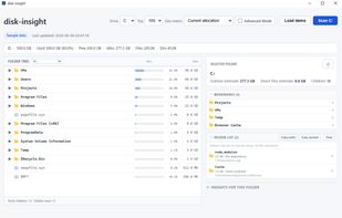 Main tree view with occupancy bars and size column, a drive summary, bookmarks, and a session-only review list.
