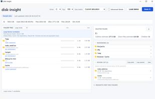 Large review view: folders grouped by path-based heuristics (Temp, Dev dependency, Recycle Bin, Cache) as starting points for manual review.