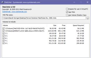 Disk2VHD 2.02, main window