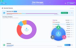 Disks Manager to manage all your system and external disks, quick links to features for resolve your disk spaces issue