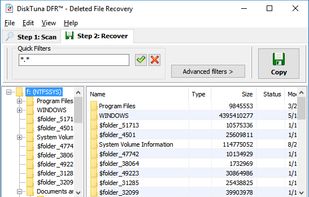 Main screen: Select drive > click Scan > select files > click Copy