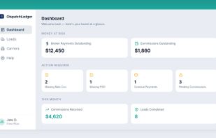 The DispatchLedger dashboard, showing broker payments outstanding, commissions owed, and action items at a glance.