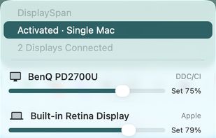 Menu bar controls for display brightness, cursor crossing, and saved layouts.