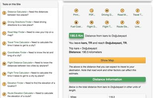 Provides detailed distance calculations for a trip in kilometers, miles and other units.