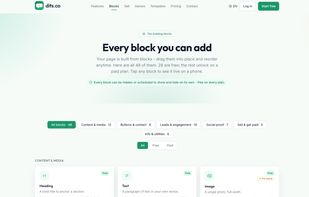 Your page is built from blocks - drag them into place and reorder anytime. Here are all 48 of them. 28 are free; the rest unlock on a paid plan. Tap any block to see it live on a phone.