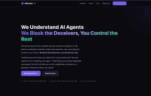Official homepage of DKnownAI Guard, presenting the product positioning and core security capabilities for AI agents.