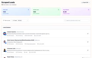 - 500+ leads found daily
- Quality scoring for each lead
- Detailed profile information
- Export to CSV functionality
