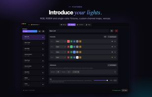 Fixtures: RGB, RGBW and single-color lights, custom channel maps, venues
