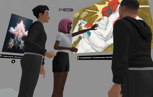 Visitors exploring digital artworks together in an immersive XR gallery on Meta Quest.