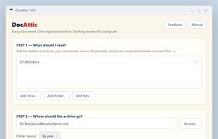 Point DocAttic at every folder and drive — it gathers your documents, de-duplicates them, and organizes them into one clean local archive, filed by year.