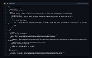 A real API response: cited answers with exact source quotes, paragraph refs, confidence scores, artifact hashes, and an EIP-191 signature — structured output your agent can trust.