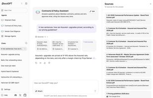 Each answer carries numbered citations; the panel shows the documents and passages it came from.
