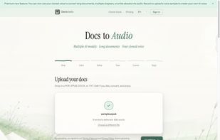Upload PDF, EPUB, DOCX, or TXT files for audio conversion.