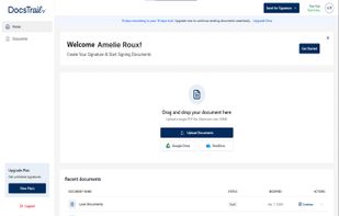 Docstrail’s intuitive dashboard lets users upload documents, create signatures, and manage recent files with ease. Featuring cloud integrations like Google Drive and OneDrive, it streamlines secure document signing and workflow management for businesses.