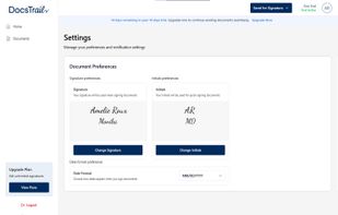 Docstrail’s settings panel lets users personalize signature and initials preferences, update date formats, and manage signing options with ease. The clean interface ensures a seamless, secure, and customized eSignature experience for every workflow.