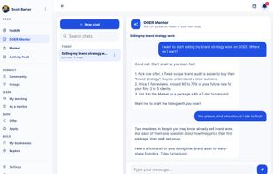 DOER Mentor, the built-in AI mentor, helping plan a first paid offer.