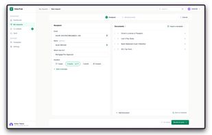 Build a request in seconds: pick the client, list the documents you need, set a deadline — no back-and-forth email required.