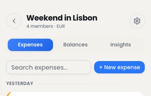 A group's expense list, showing who paid for each item and how it was split.