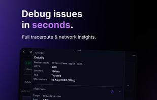 Full traceroute with per-hop latency and complete SSL certificate details — issuer, SANs, key type, and fingerprint.