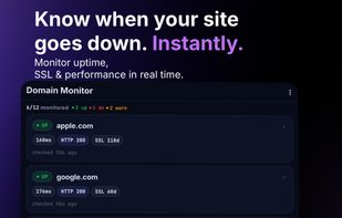 At-a-glance status for all your domains — uptime, latency, HTTP status, and SSL days remaining.