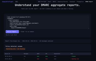 DNS Preflight running on gmail.com — shows PTR/rDNS check with ASN info (AS15169 · Google LLC), IP blocklist pass, SPF pass, DKIM pass, DMARC upgrade recommendation with copy-paste fix formatted for Cloudflare and Namecheap.