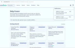 Notifications are accessible from the top right. See when your surveys get responses, when a survey is shared with you, or when you're invited to join someone's lab.