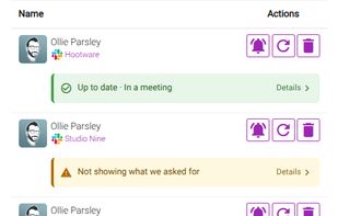 Status at a glance. Your dashboard shows each Slack and Microsoft Teams account with a status bar: green when up to date, amber when it differs from what Don't Interrupt asked for, and red only when something needs attention.