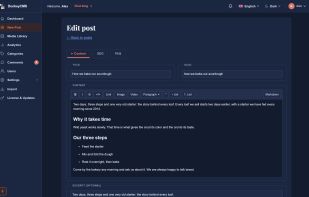The post editor, with rich text or Markdown and separate SEO and FAQ tabs