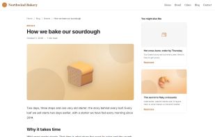 A post page with breadcrumbs, reading time and related posts