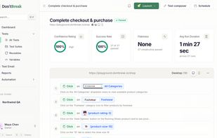 A check's run history: every step, desktop and mobile, with screenshots of each run.