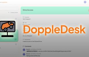 DoppleDesk's queue, with the DoppleDesk icon and wordmark in front of it.