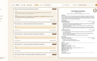 The tailoring view: each suggested rewrite shown before and after, accepted individually or all at once, with the score updating live.