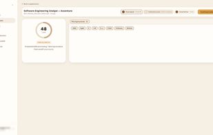 Scan report: match score, verdict, and the keywords the posting requires that the resume does not contain.