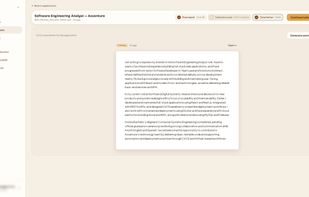 A generated cover letter for the same application, written in the selected tone.