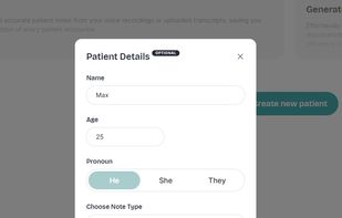 Input the patient details and select a note type you need
