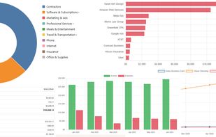Reports with charts: income and expenses, category breakdowns, P&L, and balance sheet, all exportable to CSV and PDF.