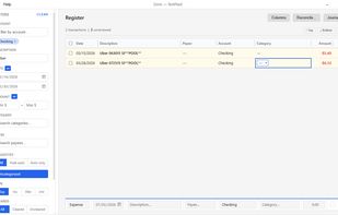 A persistent faceted filter sidebar for fast triage: filter by date, amount, account, category, payee, and more.