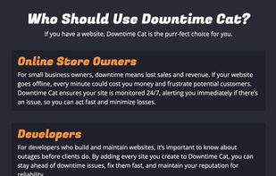 Who should use Downtime Cat? Online Store Owners. Developers. Website Managers.