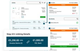 Invoice Matching
Match invoice line items directly to purchase orders. Quickly identify the best PO match, link individual items and spot amounts that exceed the original order.