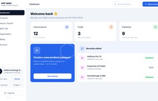 Dashboard with passport overview: total products, drafts and published passports